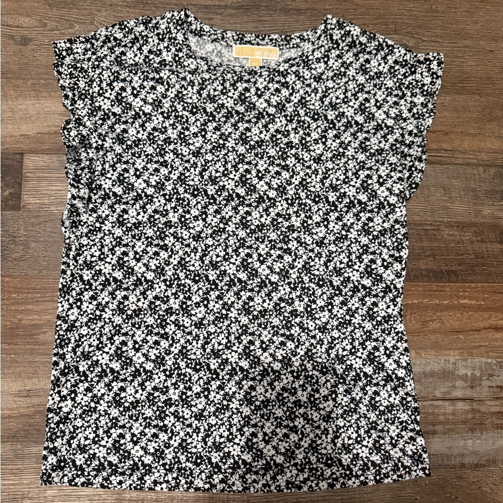 Michael Kors Black & White Micro Floral Cap Sleeve Tee